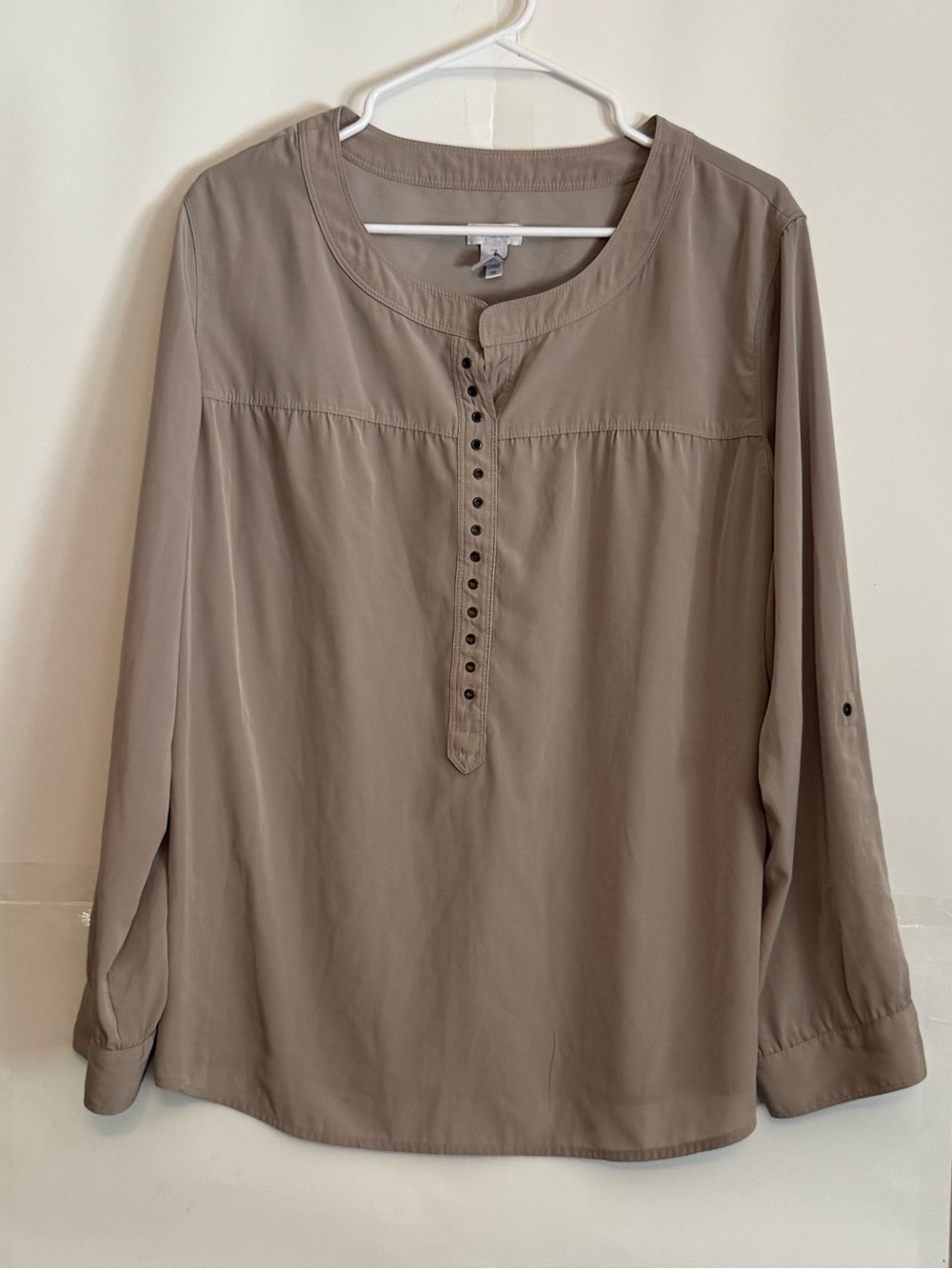 Chico's Taupe Button-Front Long Sleeve Henley Blouse
